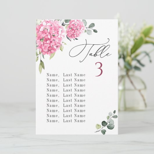 Roze Hydrangea Tafelnummer Zitkaarten Kaarten (Staand voorkant)