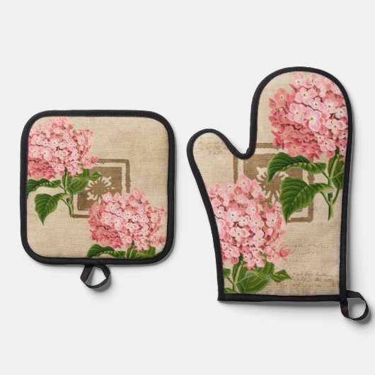Roze Hydrangea Trossen II Ovenwant & Pannenlap Set (Voorkant)
