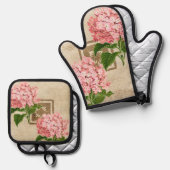 Roze Hydrangea Trossen II Ovenwant & Pannenlap Set (Voorkant / Achterkant)