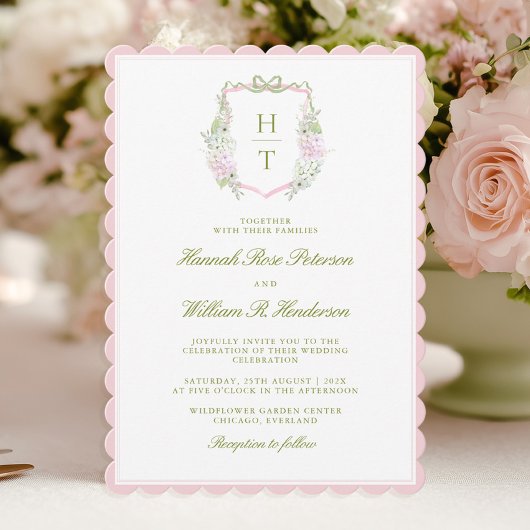 Roze Hydrangea Trouwkaart met Schulpvormige Rand Kaart