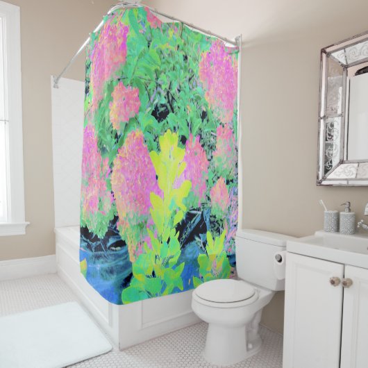 Roze hydrangea Tuin met gele vulling Douchegordijn (In situ)