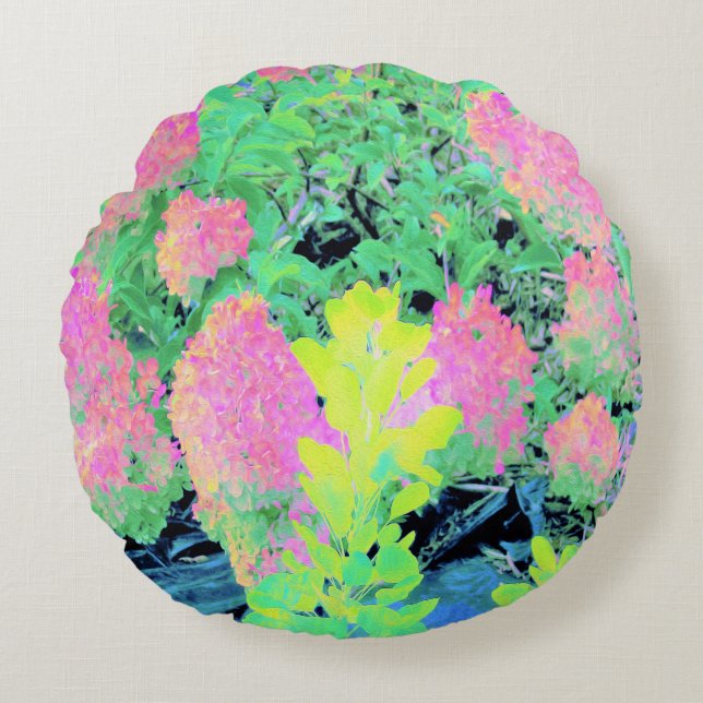Roze hydrangea Tuin met gele vulling Rond Kussen (Voorkant)