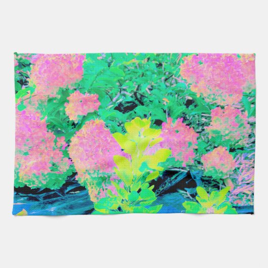 Roze hydrangea Tuin met gele vulling Theedoek (Horizontaal)