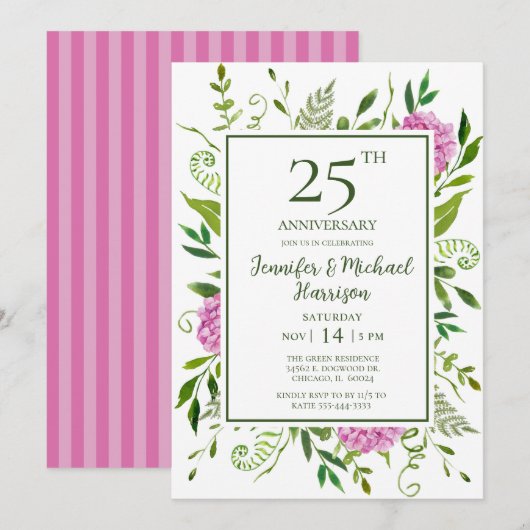 Roze Hydrangea Uitnodiging 25-jarig Jubileum (Voorkant / Achterkant)