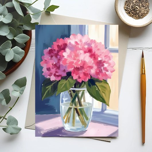 Roze Hydrangea Vaas Bloem Boeket Waterverf Briefkaart