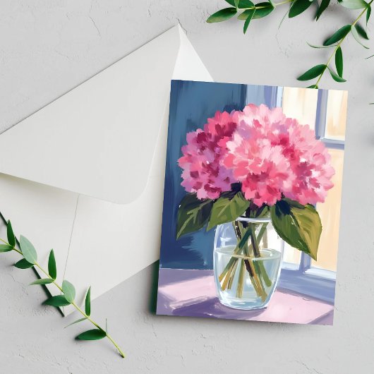 Roze Hydrangea Vaas Bloem Boeket Waterverf Kaart