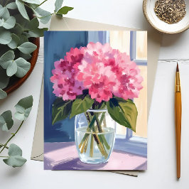 Roze Hydrangea Vaas Bloem Boeket Waterverf Kaart