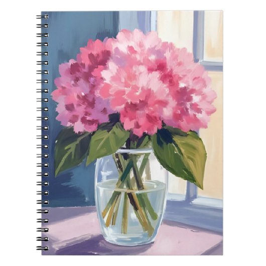 Roze Hydrangea Vaas Bloem Boeket Waterverf Notitieboek (Voorkant)