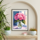 Roze Hydrangea Vaas Bloem Boeket Waterverf Poster