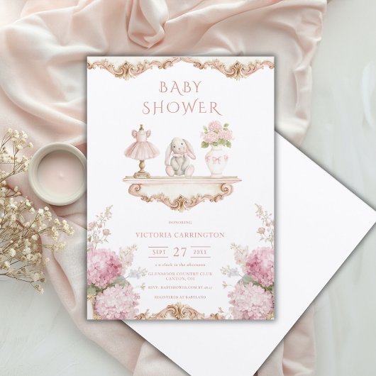 Roze Hydrangea Vintage Baby Shower Uitnodiging