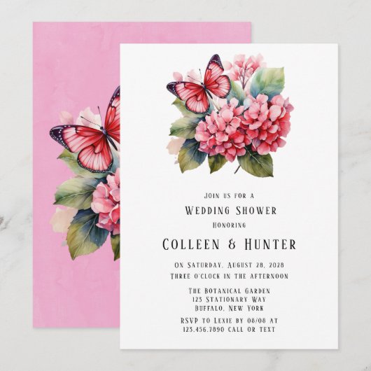 Roze Hydrangea vlinder bruiloft douche Kaart (Voorkant / Achterkant)