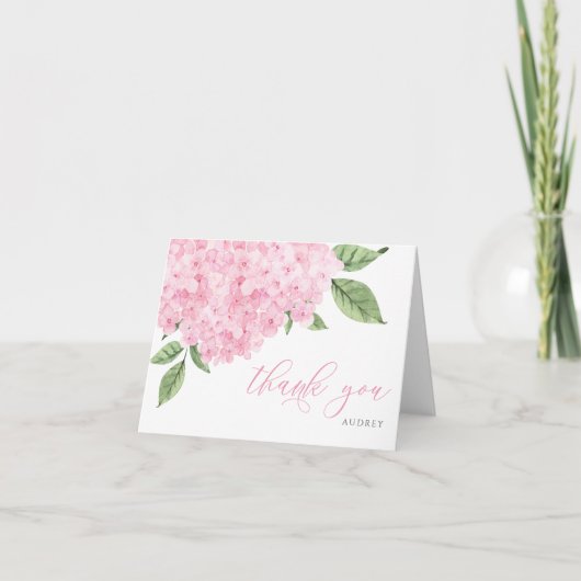 Roze Hydrangea Waterverf Blooms Script Bedankkaart (Voorkant)
