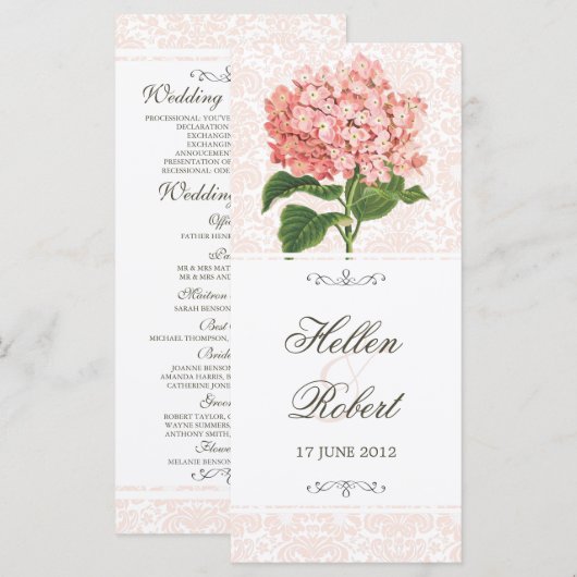 Roze Hydrangea Wedding Ceremony Programma Programmakaart (Voorkant / Achterkant)