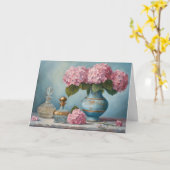 Roze Hydrangeabloemen en Vintage Parfumflesjes Kaart (Gele Bloem)