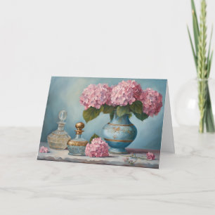 Roze Hydrangeabloemen en Vintage Parfumflesjes Kaart