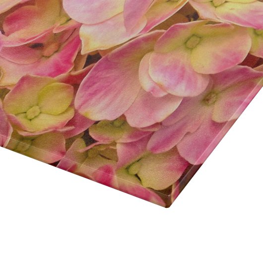 Roze hydrangeas-11x8 GLASS CUTTING BOARD Snijplank (Hoek)