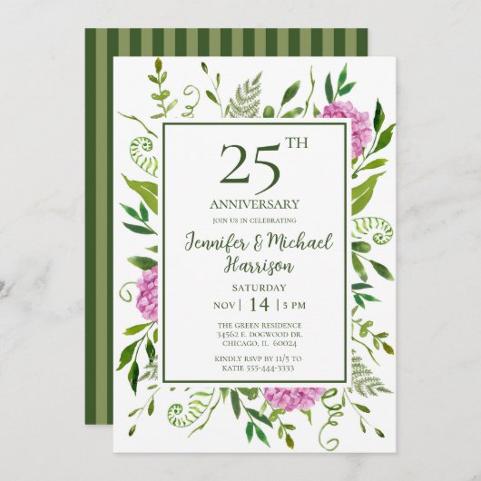 Roze hydrangeas 25e Jubileum Uitnodiging (Voorkant / Achterkant)