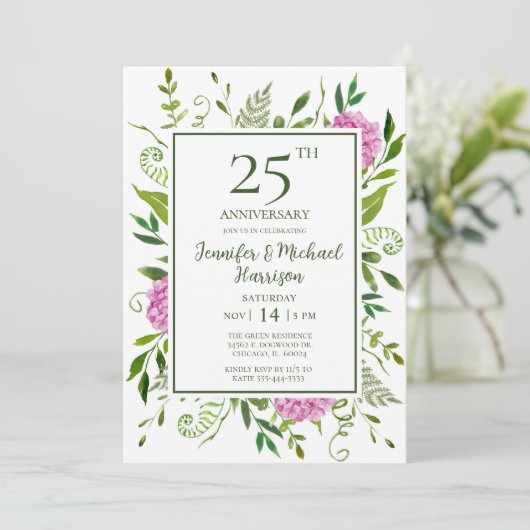 Roze hydrangeas 25e Jubileum Uitnodiging (Staand voorkant)