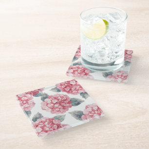 Roze Hydrangea's Aquarel Bloemen Schildering Glazen Onderzetter