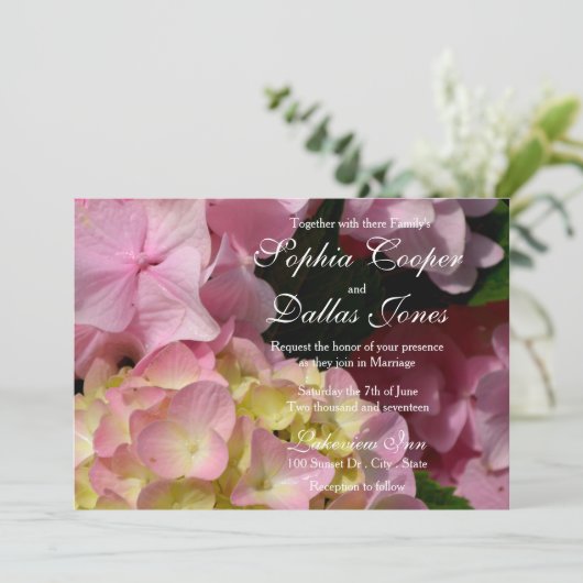 Roze Hydrangeas geel roze groen bloemen bruiloft Kaart (Staand voorkant)