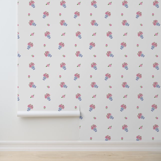 Roze Hydrangeas in Blauwe Chinoiserie Vaas & Bloom Behang (Applicatie)