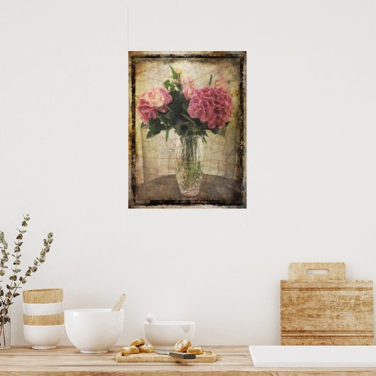 Roze hydrangeas in een Vase Poster (Keuken)