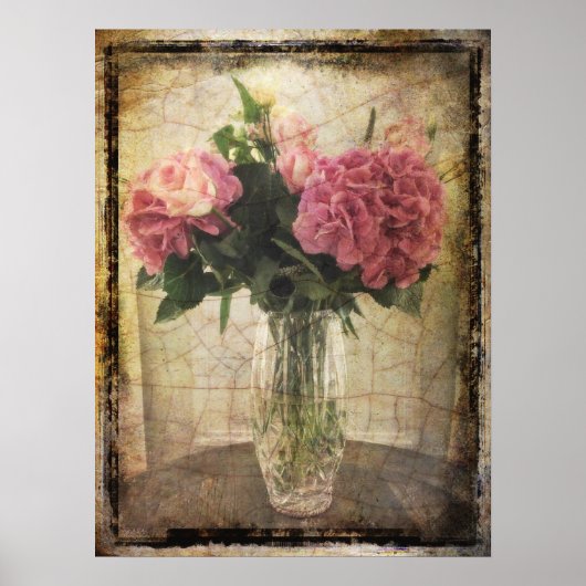 Roze hydrangeas in een Vase Poster (Voorkant)