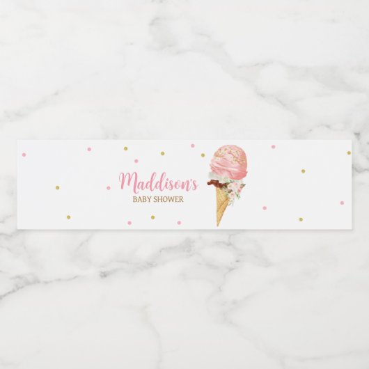 Roze Ice Cream Baby shower Waterfles Etiket (Enkel label)