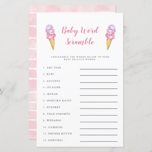 Roze Ice Cream Baby Word Scramble Game (Voorkant / Achterkant)