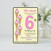 Roze Ice Cream Cone 6e Verjaardagsfeestje Kinder Kaart (Staand voorkant)