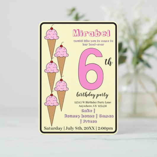 Roze Ice Cream Cone 6e Verjaardagsfeestje Kinder Kaart (Staand voorkant)