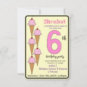 Roze Ice Cream Cone 6e Verjaardagsfeestje Kinder Kaart (Voorkant)