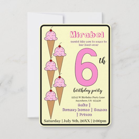 Roze Ice Cream Cone 6e Verjaardagsfeestje Kinder Kaart (Voorkant)