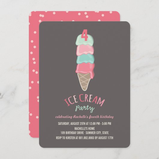 Roze Ice Cream Cone Meisje 4e Verjaardagsfeestje I Kaart (Voorkant / Achterkant)