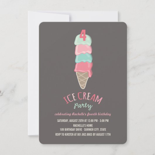 Roze Ice Cream Cone Meisje 4e Verjaardagsfeestje I Kaart (Voorkant)