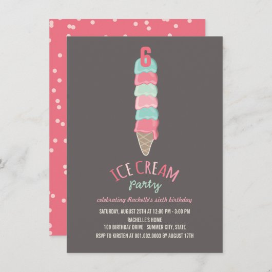 Roze Ice Cream Cone Meisje 6e Verjaardagsfeestje U Kaart (Voorkant / Achterkant)