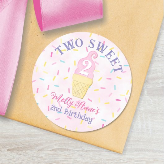 Roze Ice Cream Cone TWEE ZOETE 2e Verjaardag Meisj Ronde Sticker
