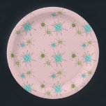 Roze Iconische atoomschotels Borden van papier Papieren Bordje<br><div class="desc">Dit roze Iconische atoomstootpatroon barst het patroon van het Bord van het Papier kenmerkt iconische atomaire sterrenbursts. Dat klopt! De oude school, First Lady Pink, met gouden gekleurde achtergrond, is de perfecte achtergrond voor de levendige turquoise, het verzachten van selderij en kitschy peren groene cirkels. De vlekken van kleur worden...</div>