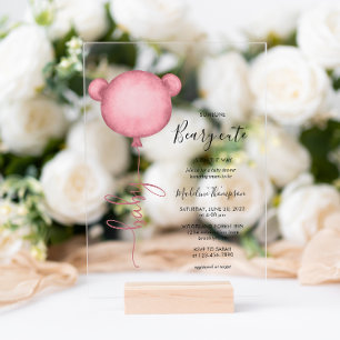 Roze iemand Beary Cute Balloon Baby shower Acryl Uitnodigingen