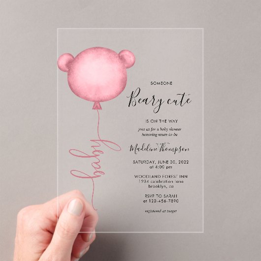 Roze iemand Beary Cute Balloon Baby shower Acryl Uitnodigingen (Insitu (Draagbaar))
