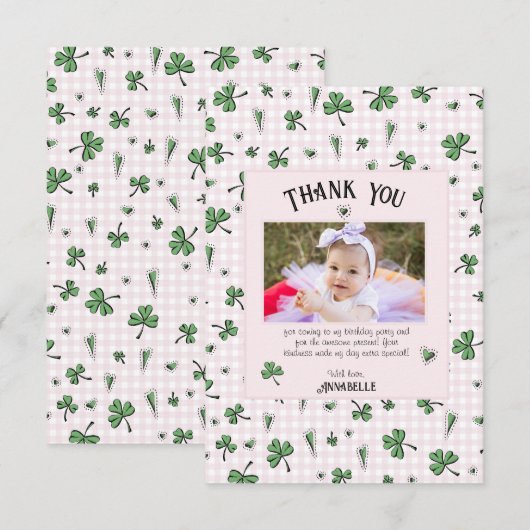 Roze Ierse Klavers en Harten Kids Verjaardag Bedankkaart (Voorkant / Achterkant)