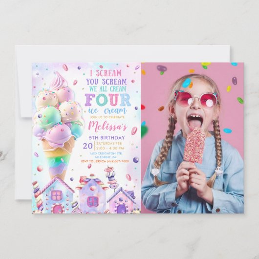 Roze IJs 4e Verjaardag Foto uitnodiging (Voorkant)