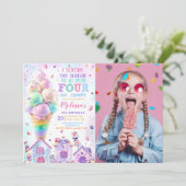 Roze IJs 4e Verjaardag Foto uitnodiging (Staand voorkant)