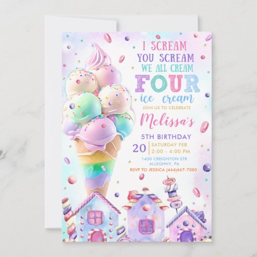 Roze IJs 4e Verjaardag Uitnodiging (Voorkant)