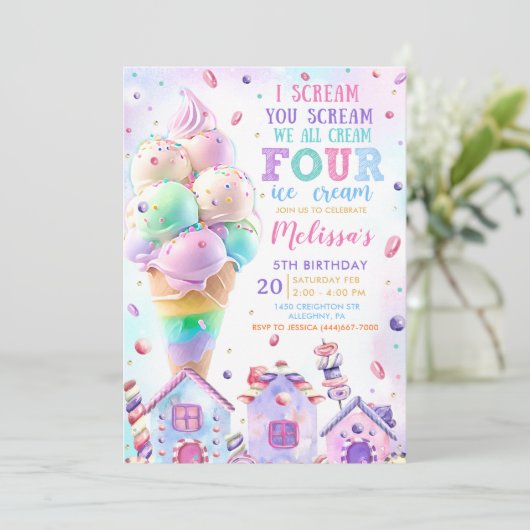 Roze IJs 4e Verjaardag Uitnodiging (Staand voorkant)