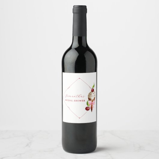 Roze Ijs Cherry Rood Geschept Bruiloftsfeestje Wijn Etiket (Voorkant)