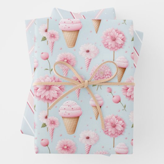 Roze Ijs en Bloemen Cadeau Wrapping Paper (In situ)