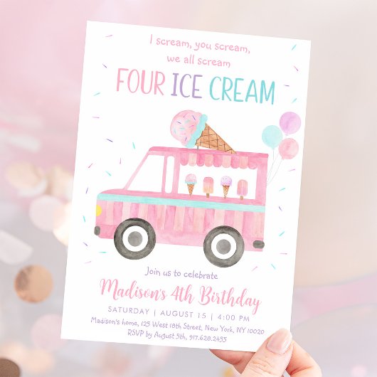 Roze ijs truck vierde verjaardag kaart