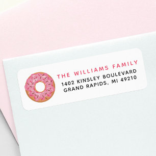 Roze ijsdonut met sproeiers retouradres etiket