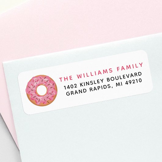 Roze ijsdonut met sproeiers retouradres etiket